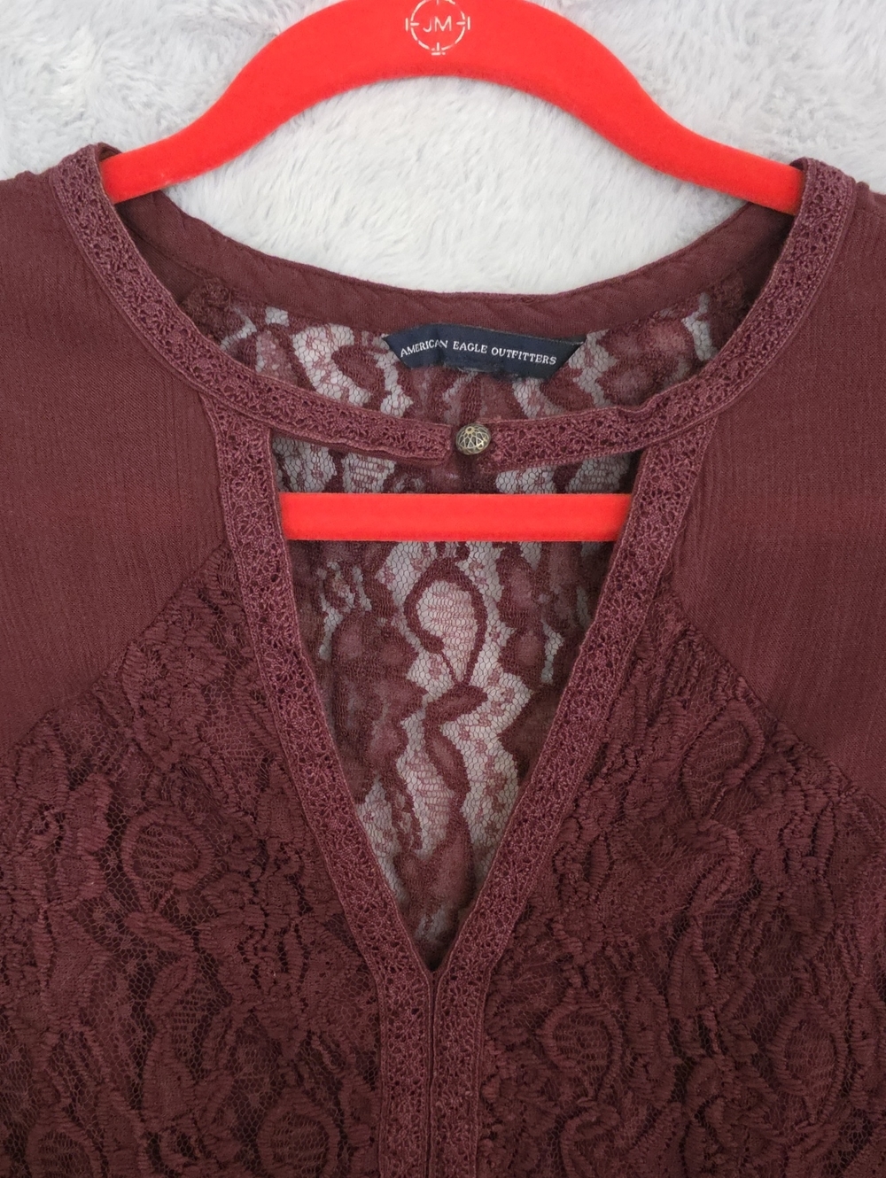 American Eagle Burgundy Lace Bell Sleeve Peplum Boho Top - Picture 4 of 12